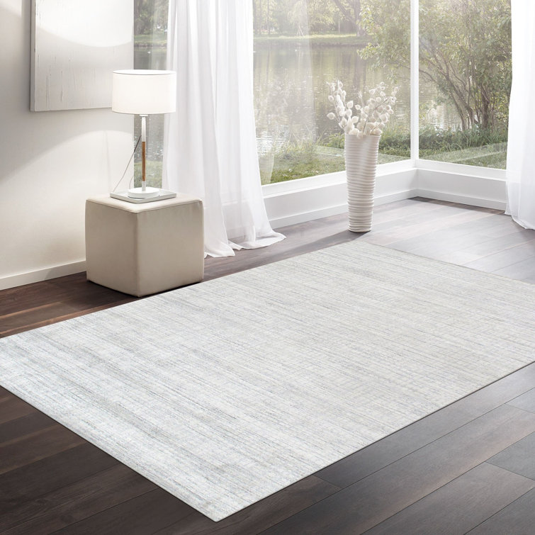 Hand-Loomed Ivory and Blue Wool Silk Area Rug, 10' x 14'