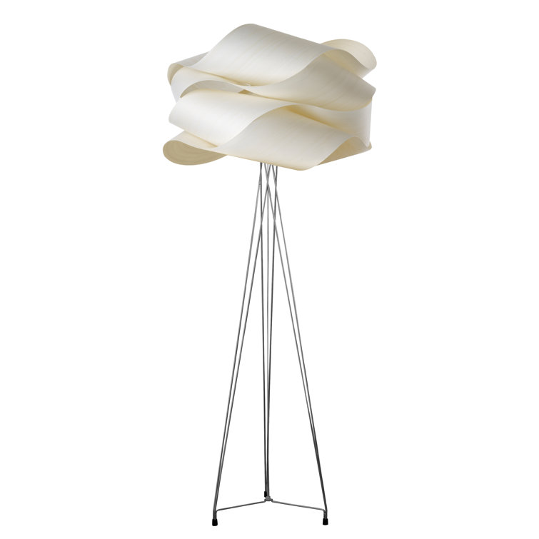 Ivory White Steel Tripod Floor Lamp with Wood Veneer Shade