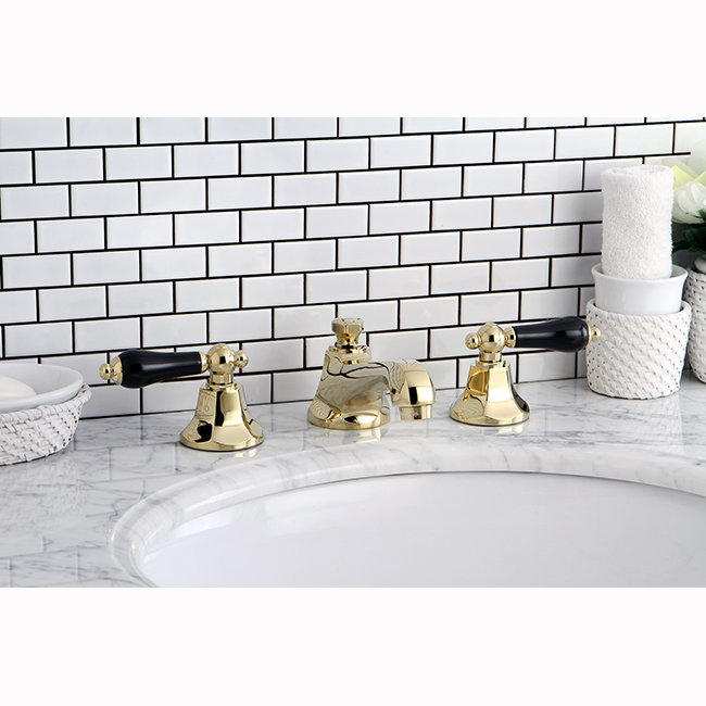 Polished Brass Widespread Bathroom Faucet with Black Porcelain Handles