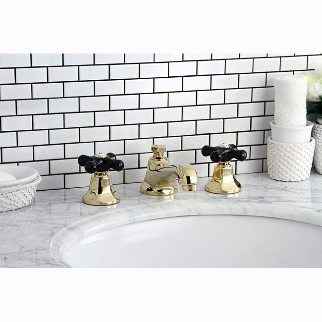 Duchess Polished Brass Widespread Lavatory Faucet with Black Porcelain Handles