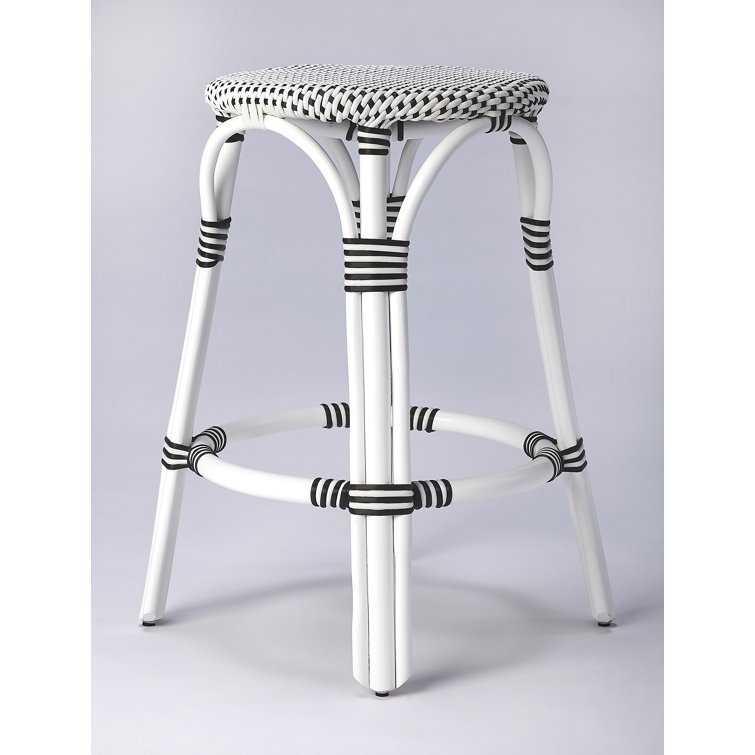 Coastal Boho Chic White & Black Dot Rattan Counter Stool