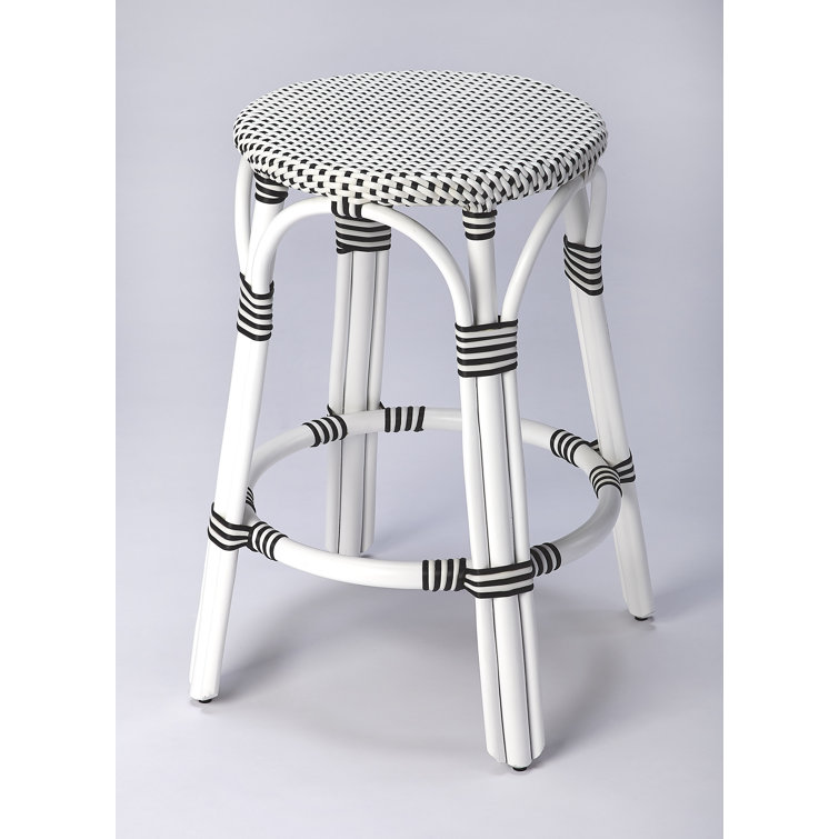 Coastal Boho Chic White & Black Dot Rattan Counter Stool