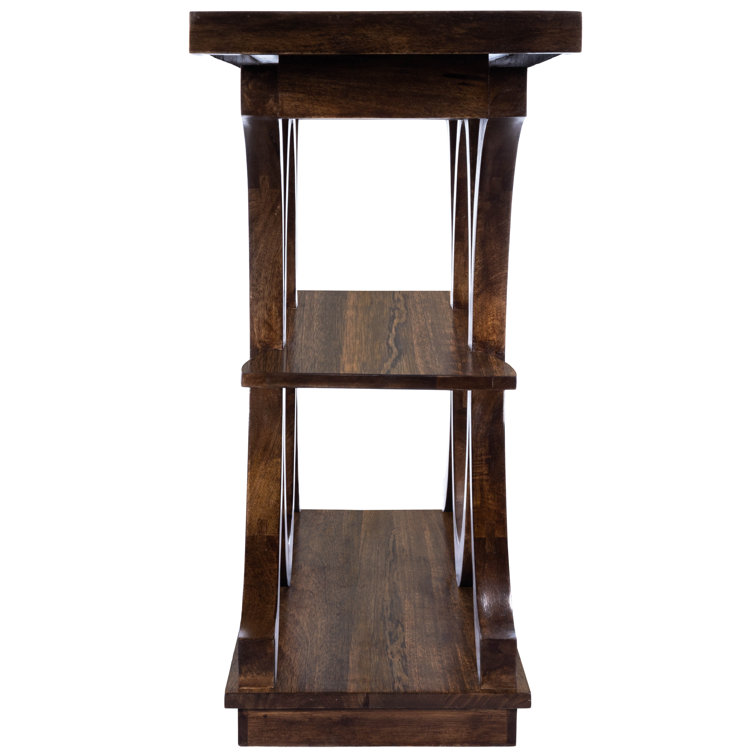Stowe Solid Mango Wood and Glass 3-Tier Console Table in Dark Brown