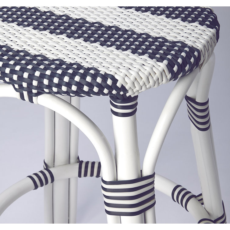 Coastal Elegance White & Navy Stripe Rattan Counter Stool