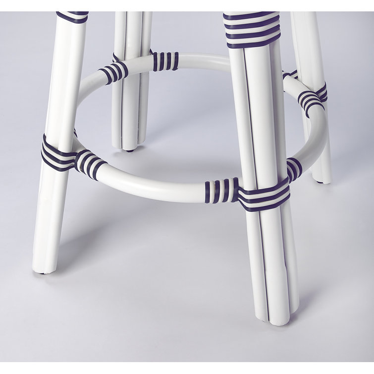 Coastal Elegance White & Navy Stripe Rattan Counter Stool