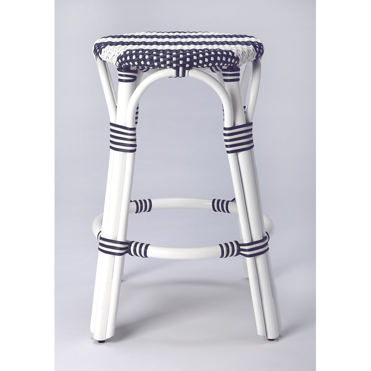 Coastal Elegance White & Navy Stripe Rattan Counter Stool