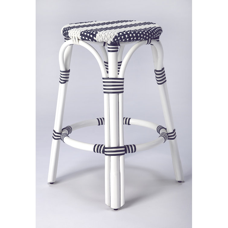 Coastal Elegance White & Navy Stripe Rattan Counter Stool