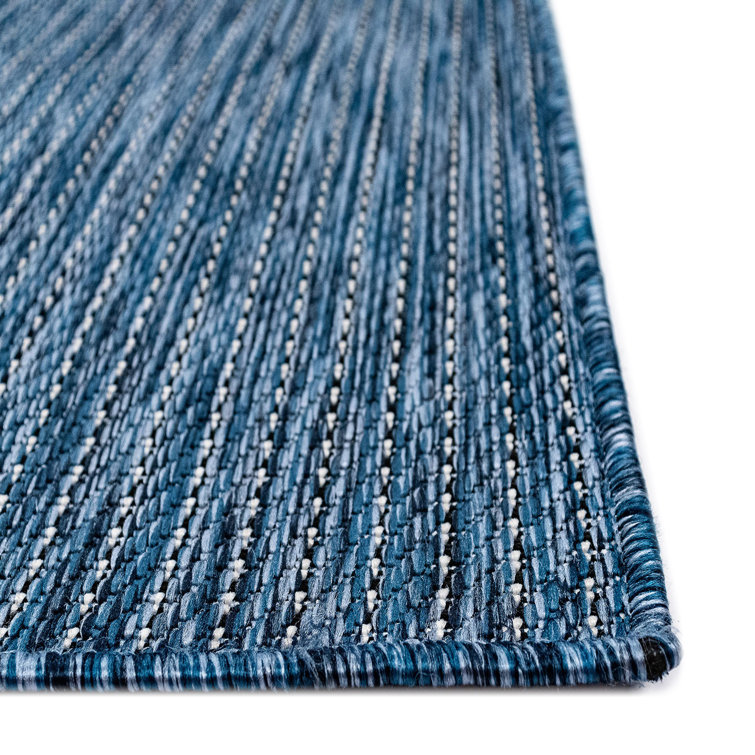 Navy Stripe Flat Woven Synthetic Square Indoor/Outdoor Rug