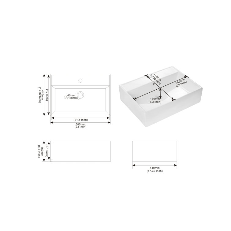Glossy White Ceramic Rectangular Above-Counter Bathroom Sink