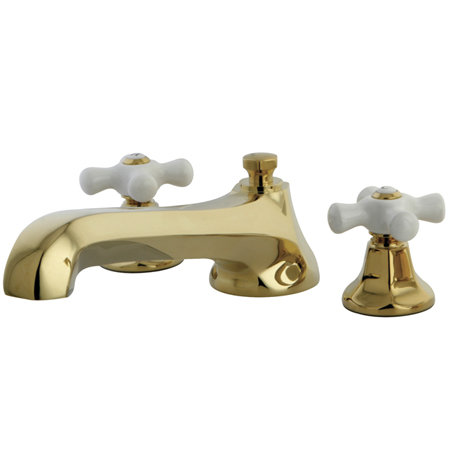 Polished Brass Dual Handle Roman Tub Faucet with Porcelain Cross Handles