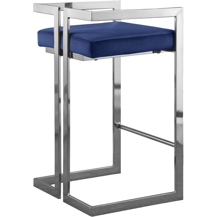Navy Velvet and Chrome Metal Counter Stool Set