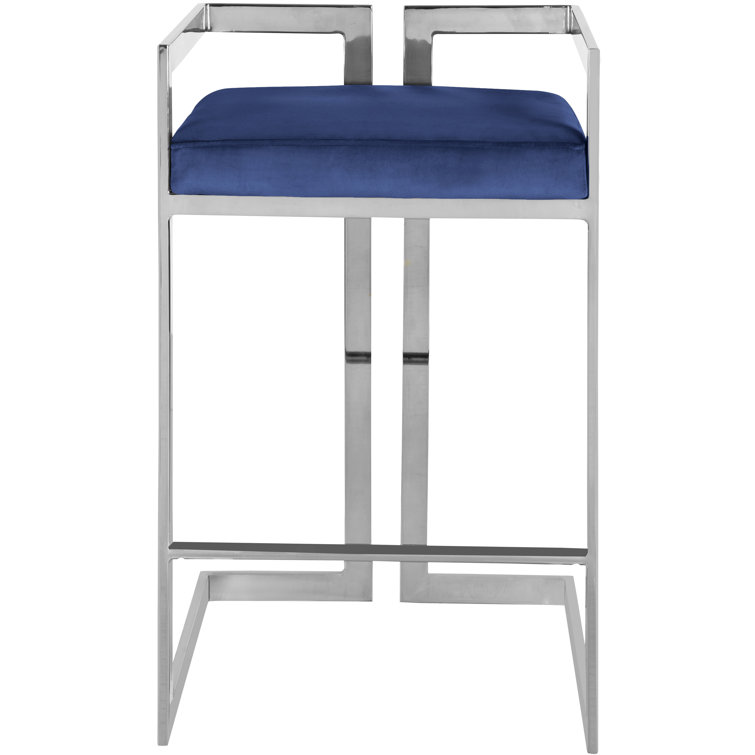 Navy Velvet and Chrome Metal Counter Stool Set