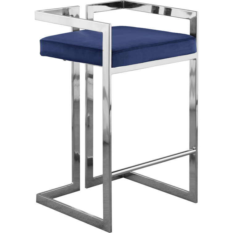 Navy Velvet and Chrome Metal Counter Stool Set