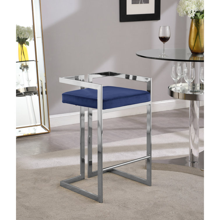 Navy Velvet and Chrome Metal Counter Stool Set