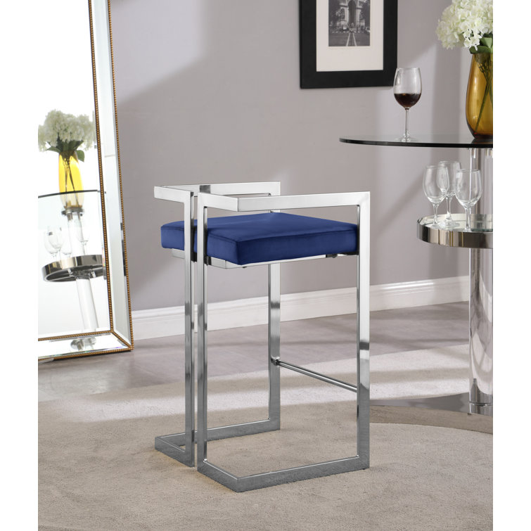 Navy Velvet and Chrome Metal Counter Stool Set