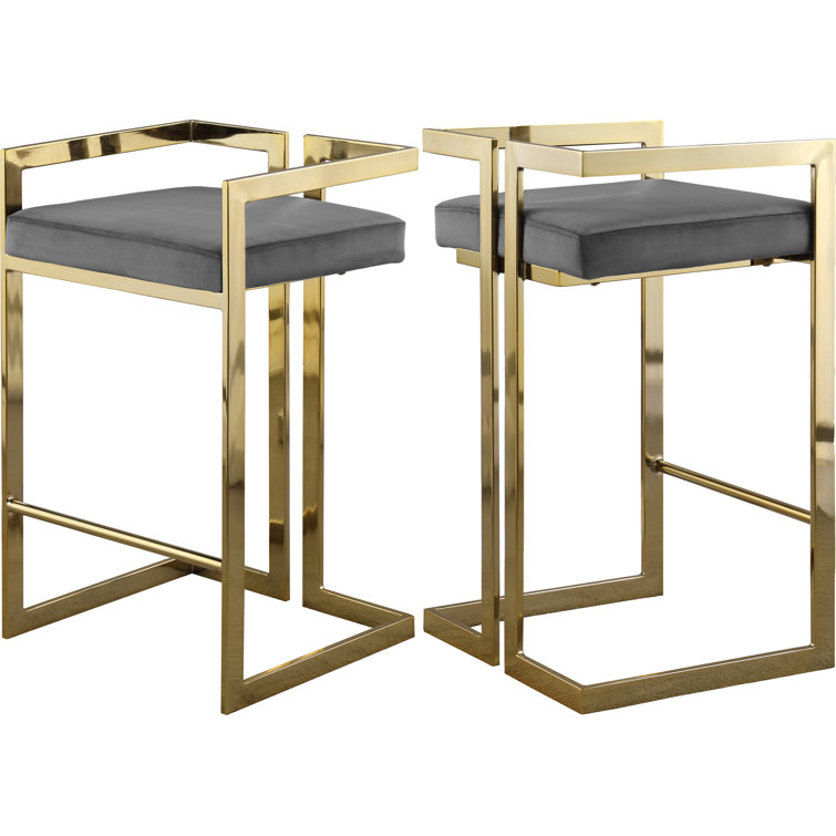 Gray Velvet Upholstered Counter Stool with Gold Metal Frame