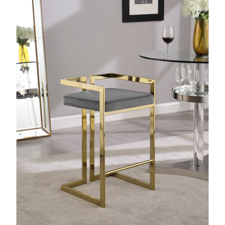 Gray Velvet Upholstered Counter Stool with Gold Metal Frame
