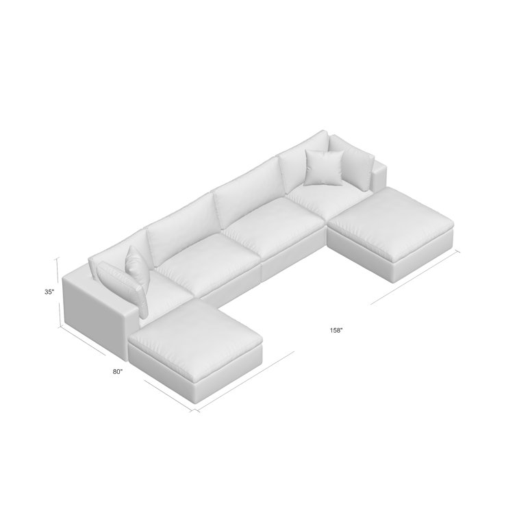 Gray Velvet Six-Piece Sectional Sofa with Ottoman