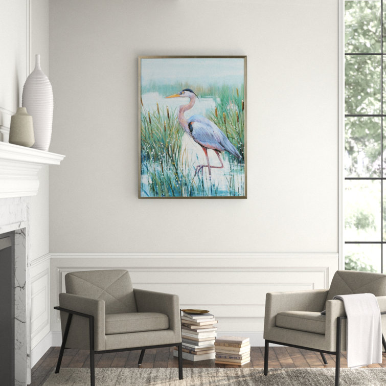Silver Framed Blue Heron Watercolor Canvas Art