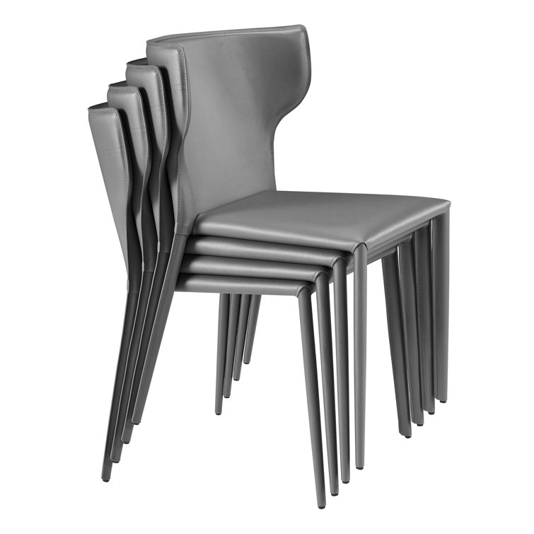 Light Gray Faux Leather Stackable Side Chairs with Metal Legs, Set of 2