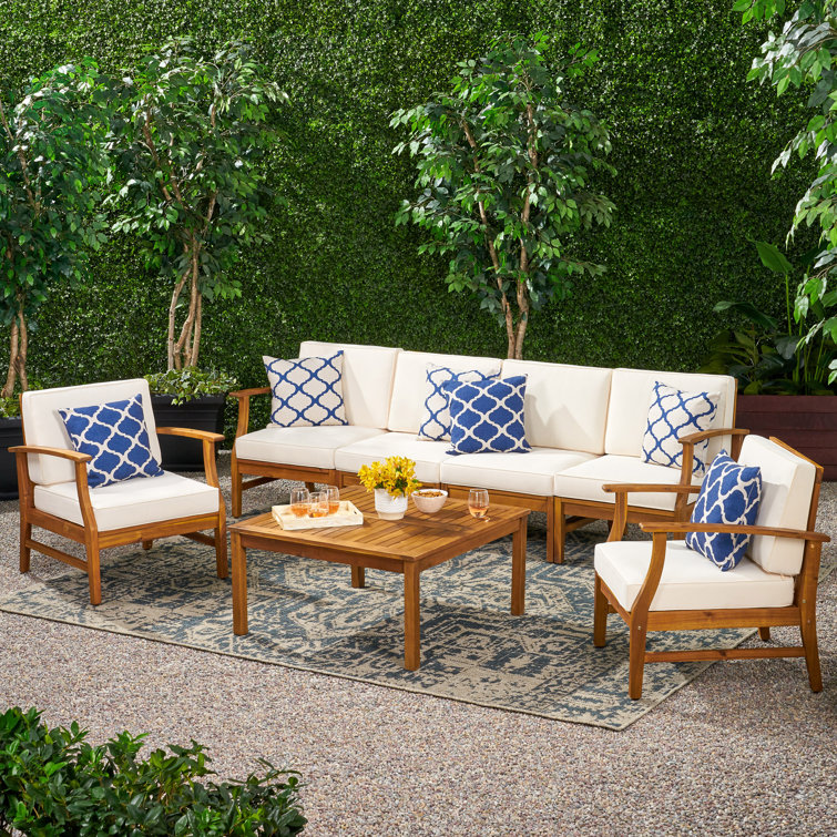 Teak Wood 6-Person Outdoor Sofa and Armchair Set with Cream Cushions