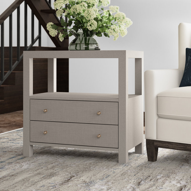 Gray Grasscloth and Metal Rectangular End Table with Storage