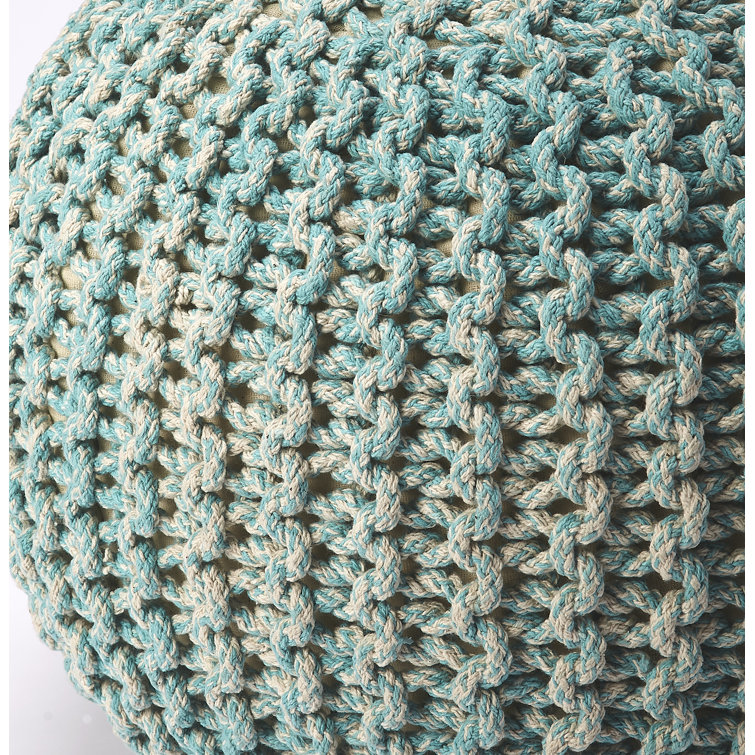 Green Woven Cotton Round Pouf with Storage