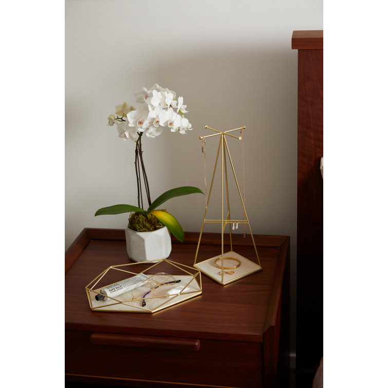 Matte Brass Steel Pyramid Jewelry Stand with Linen Base