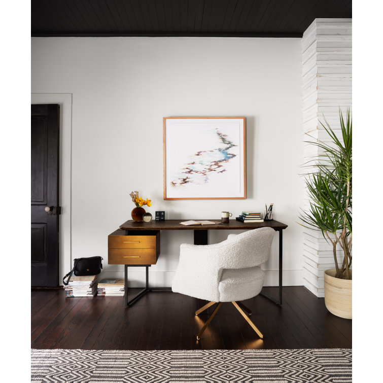 Cream Boucle Swivel Task Chair with Brass Legs
