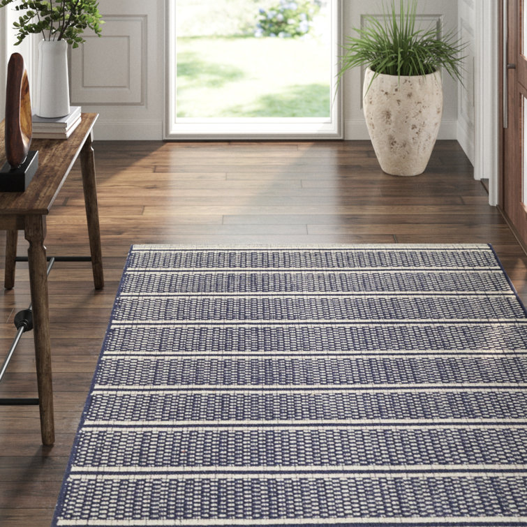 Ivory and Navy Handwoven Cotton Stripe Rug, 2 x 3 Feet