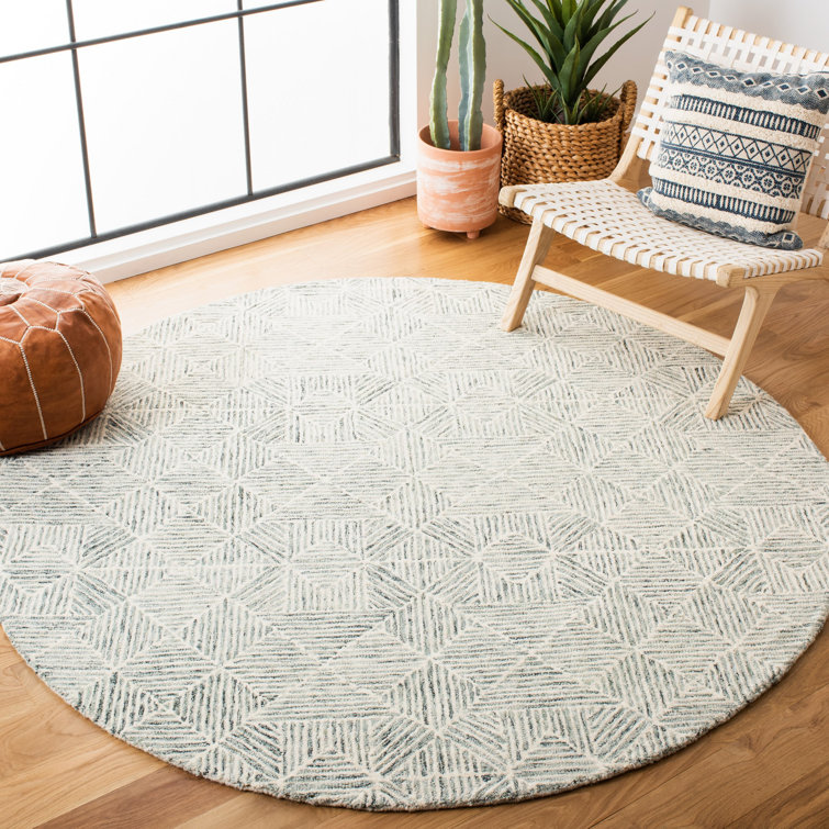 Handmade Green and Ivory Tufted Wool Rug, 27" x 18"
