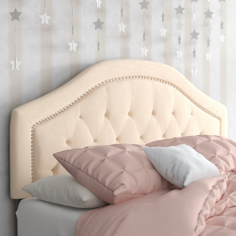Beige Full Camelback Tufted Upholstered Headboard with Nailhead Trim