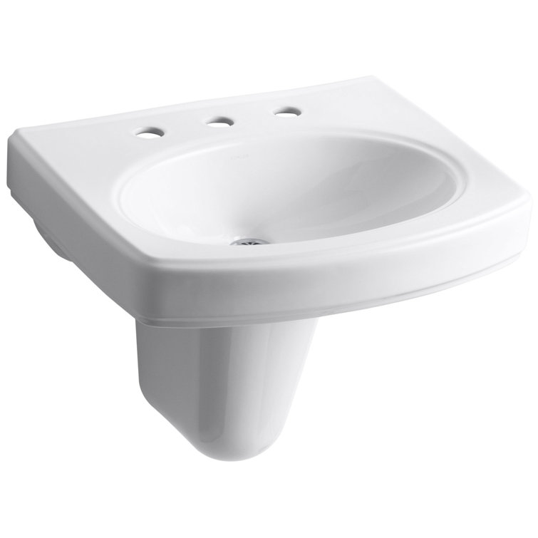 White Ceramic Wall-Mount Semi-Pedestal Bathroom Sink with Overflow
