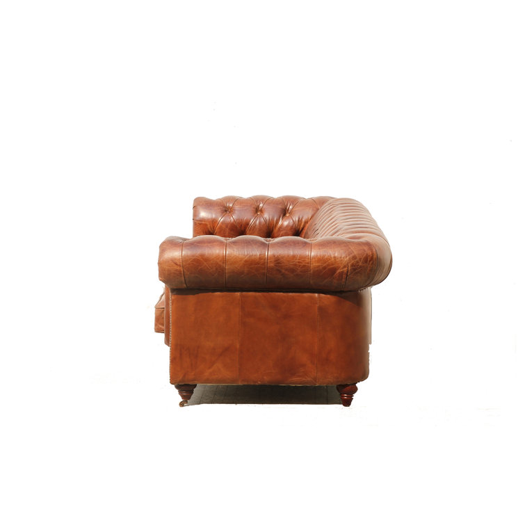 Brown Genuine Leather Tufted Chesterfield Sofa with Rolled Arms