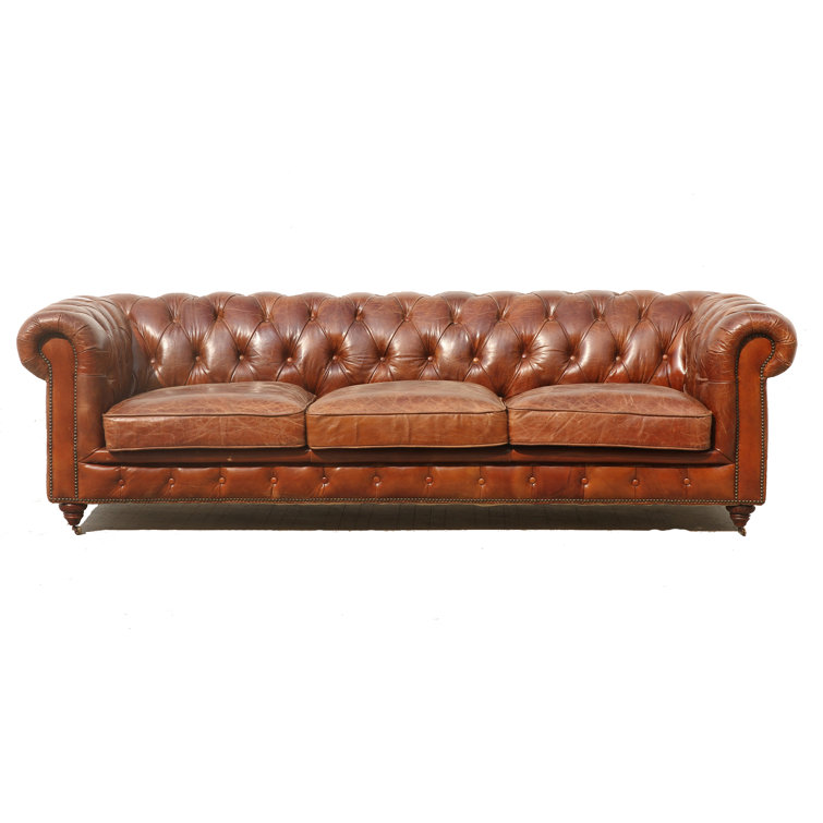 Brown Genuine Leather Tufted Chesterfield Sofa with Rolled Arms