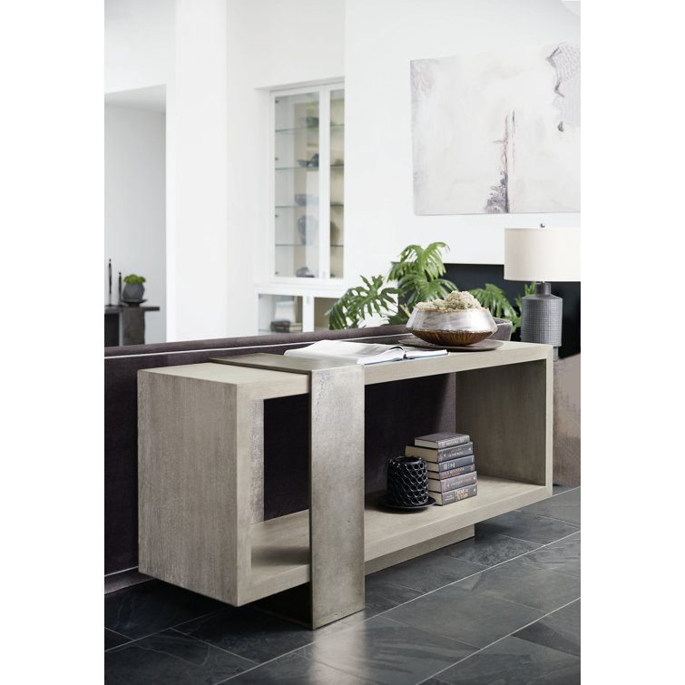 Beige Oak and Aluminum Rectangular Console Table with Storage