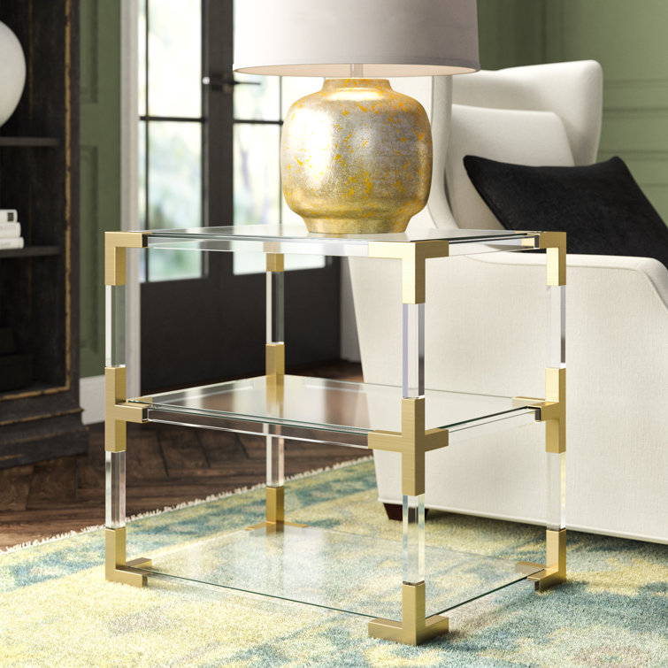Clear Glass and Brass Two-Tier Side Table