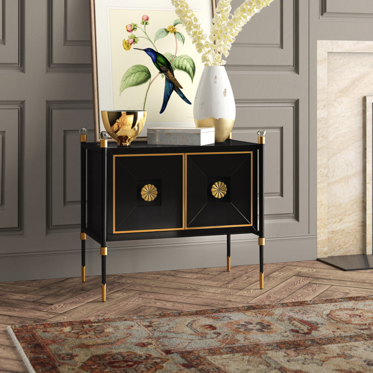 Black Lacquer and Brass Accent Cabinet with Adjustable Shelving
