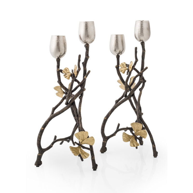 Butterfly Ginkgo Brass and Nickel Taper Candle Holders