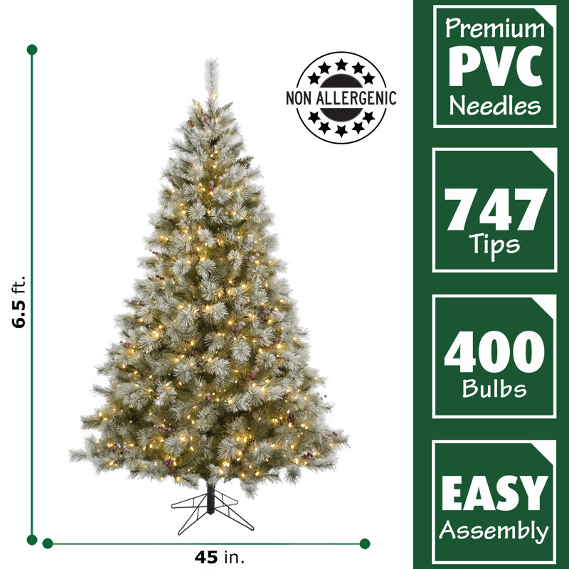 6.5-Ft Frosted Pine Christmas Tree with Clear Lights and Pinecones