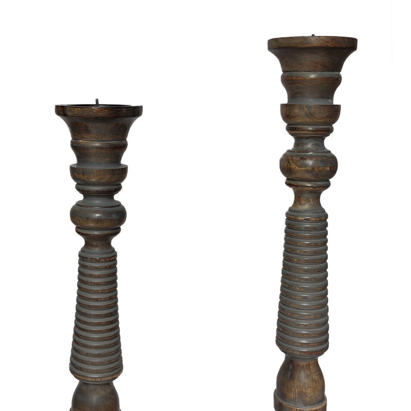 Mocha Brown Mango Wood Candlestick Trio with Gray Wash
