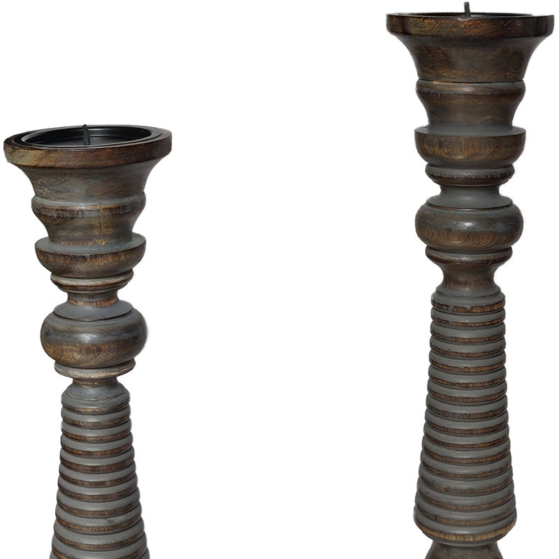 Mocha Brown Mango Wood Candlestick Trio with Gray Wash