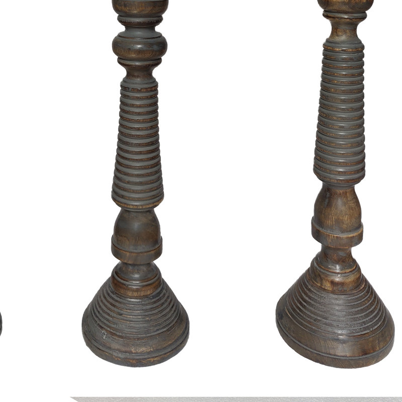 Mocha Brown Mango Wood Candlestick Trio with Gray Wash