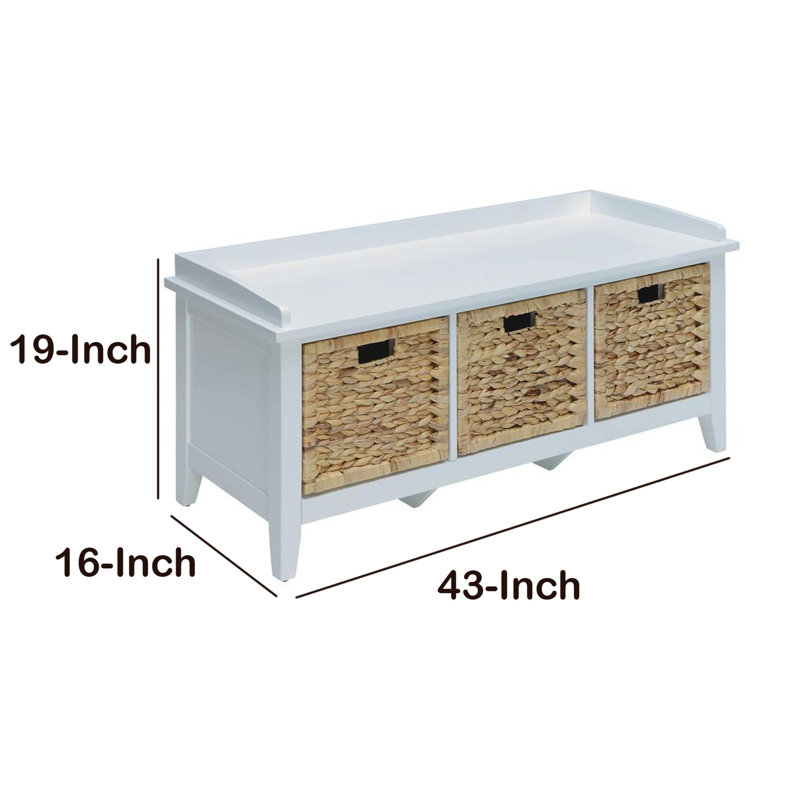 White Wood and Rattan Storage Bench with Drawers