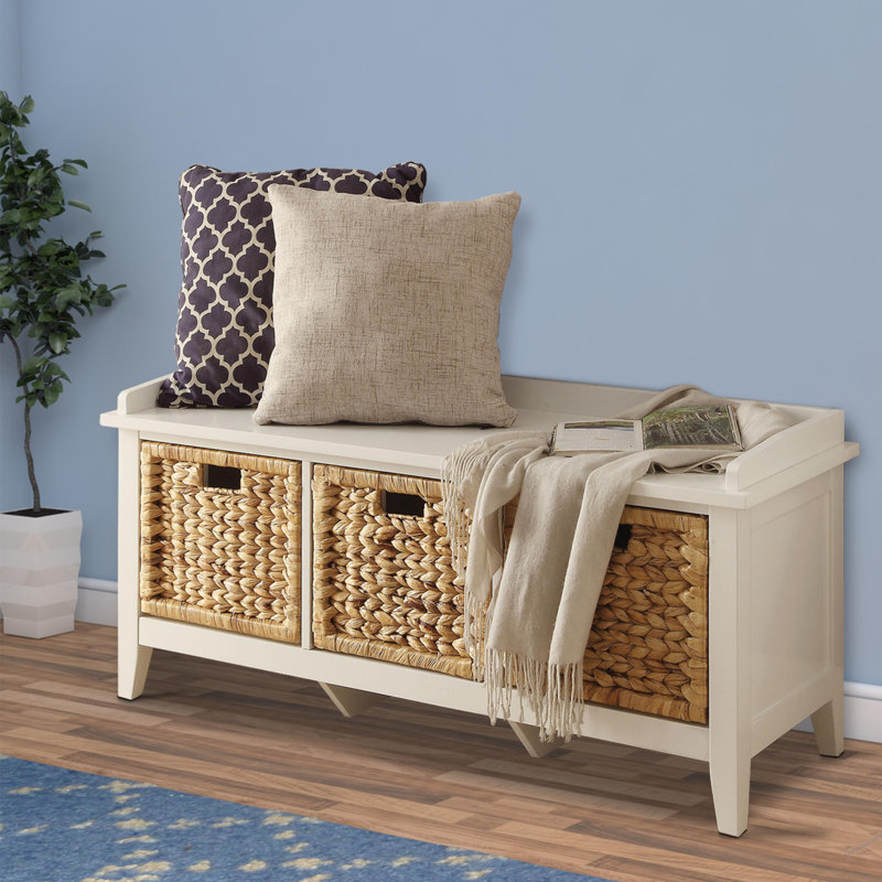 White Wood and Rattan Storage Bench with Drawers