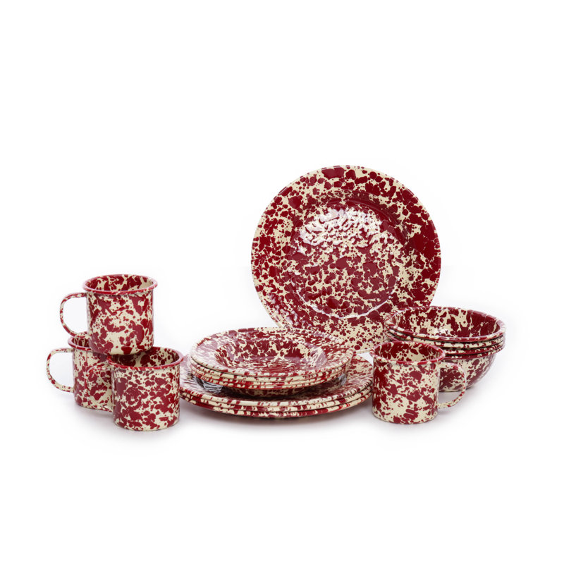 Burgundy and Cream Splatter Porcelain 16-Piece Dinnerware Set