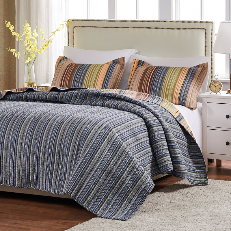 Full Blue Cotton Reversible Quilt Set with Shams