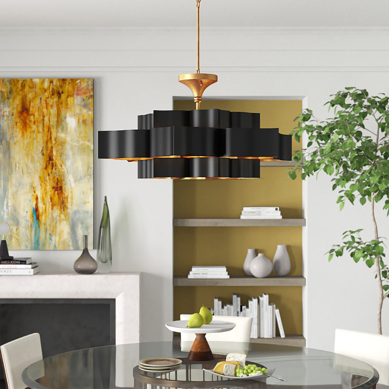 Satin Black and Contemporary Gold Leaf 6-Light Adjustable Chandelier
