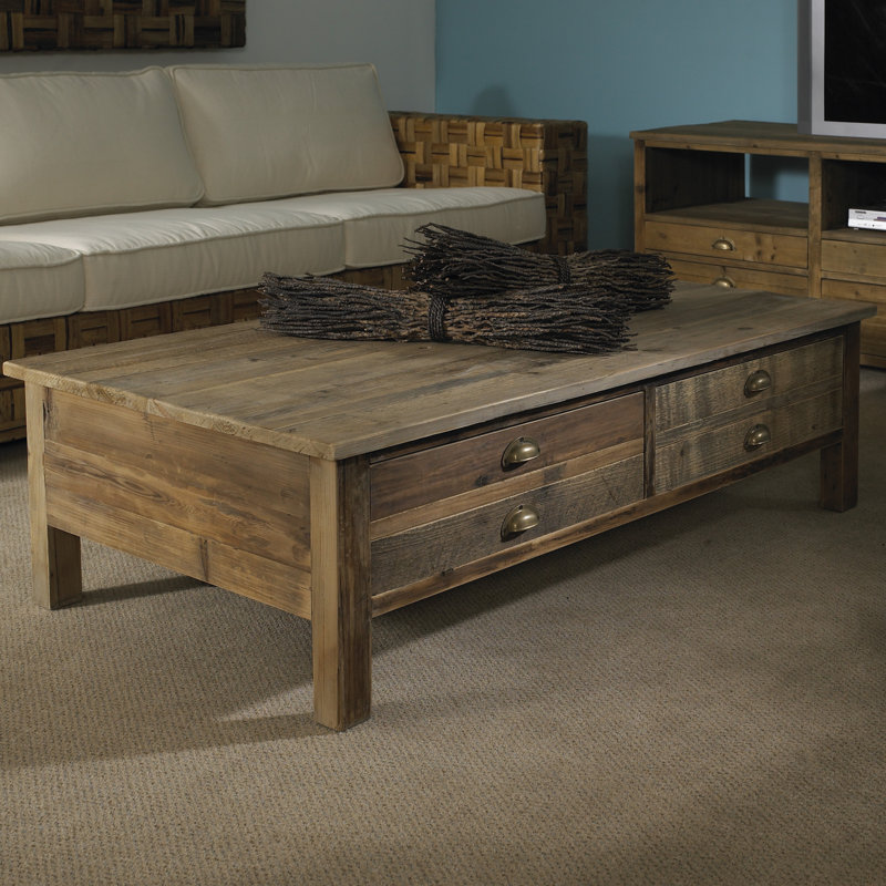 Salvaged Pine Reclaimed 4-Drawer Brown Coffee Table with Storage