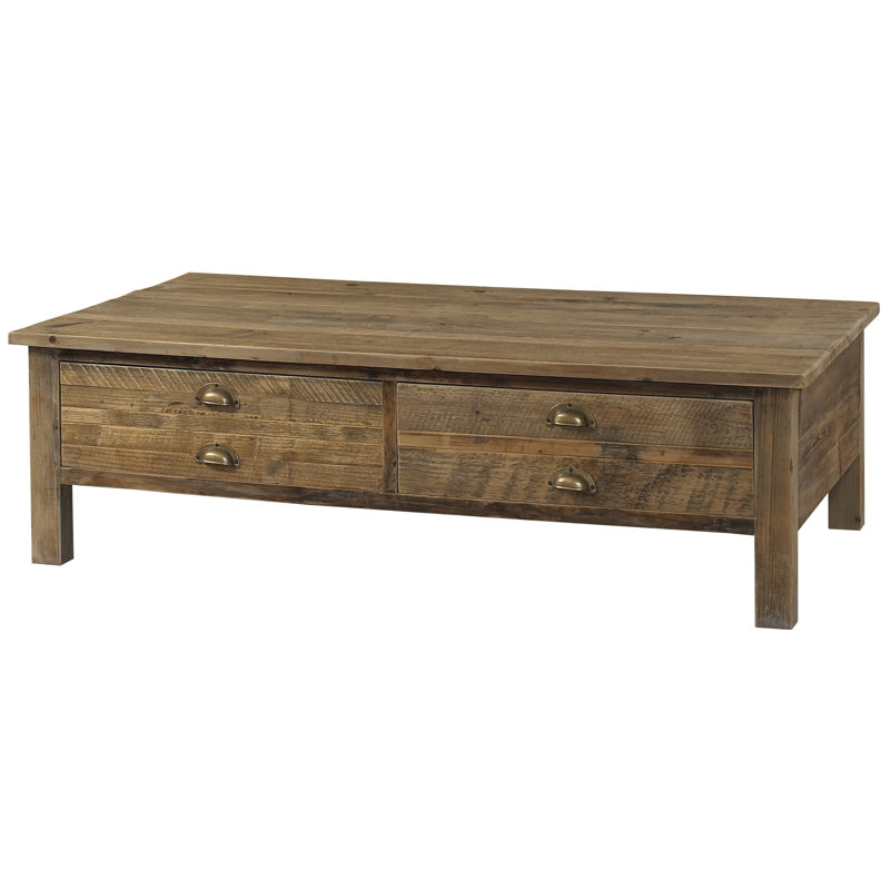 Salvaged Pine Reclaimed 4-Drawer Brown Coffee Table with Storage